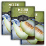 Three packages of Survival Garden Seeds Melon Honeydew on a white background