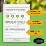 Survival Garden Seeds packaging with honeydew melon seeds and growing instructions on a green background.