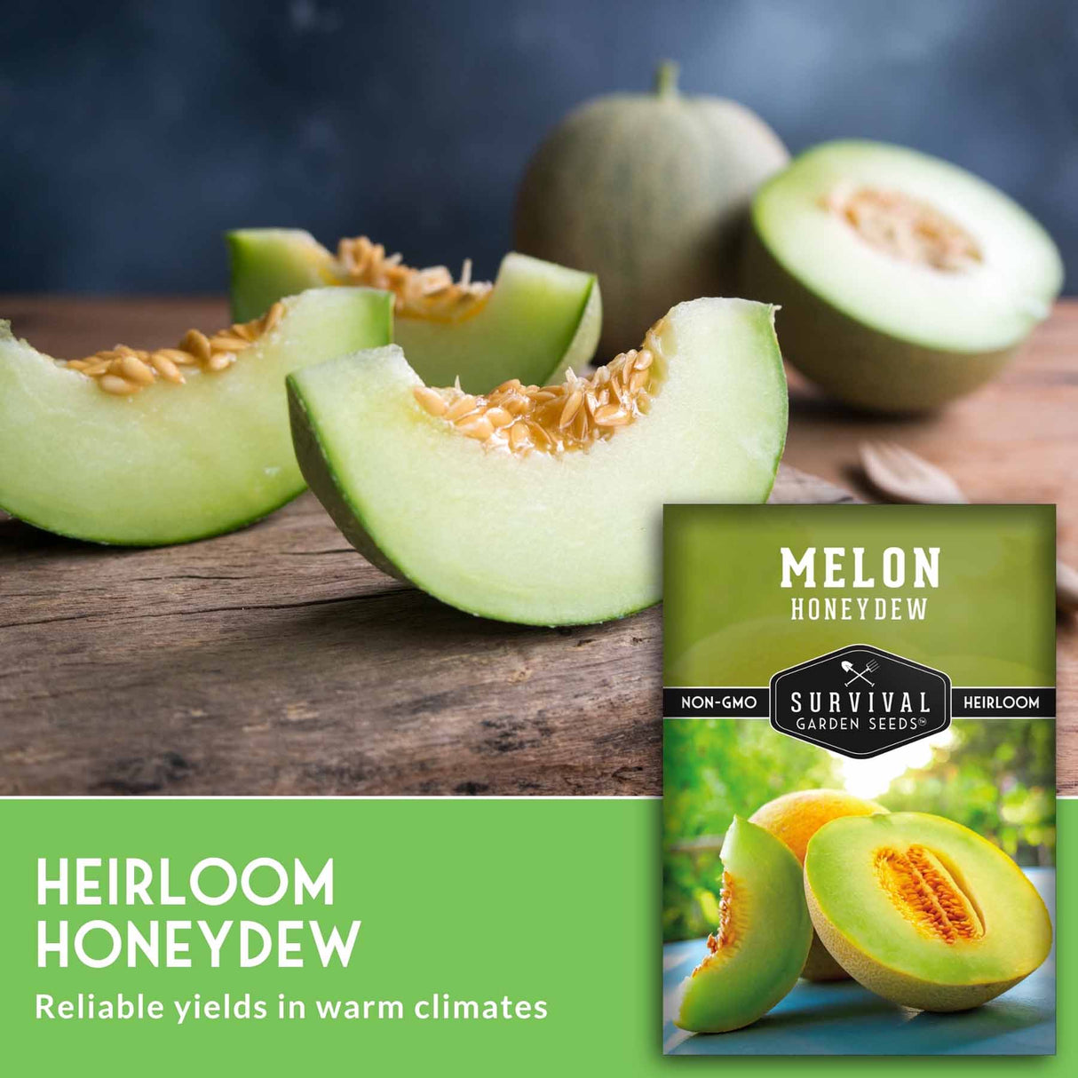 Heirloom honeydew melon seeds shown with fresh melon halves and a seed packet labeled 'Melon Honeydew' and 'Survival Garden Seeds'.