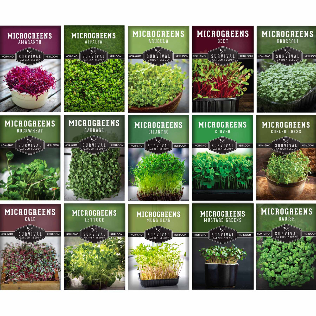 Grid of microgreens packaging with various types of microgreens displayed.