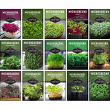 Grid of microgreens packaging with various types of microgreens displayed.