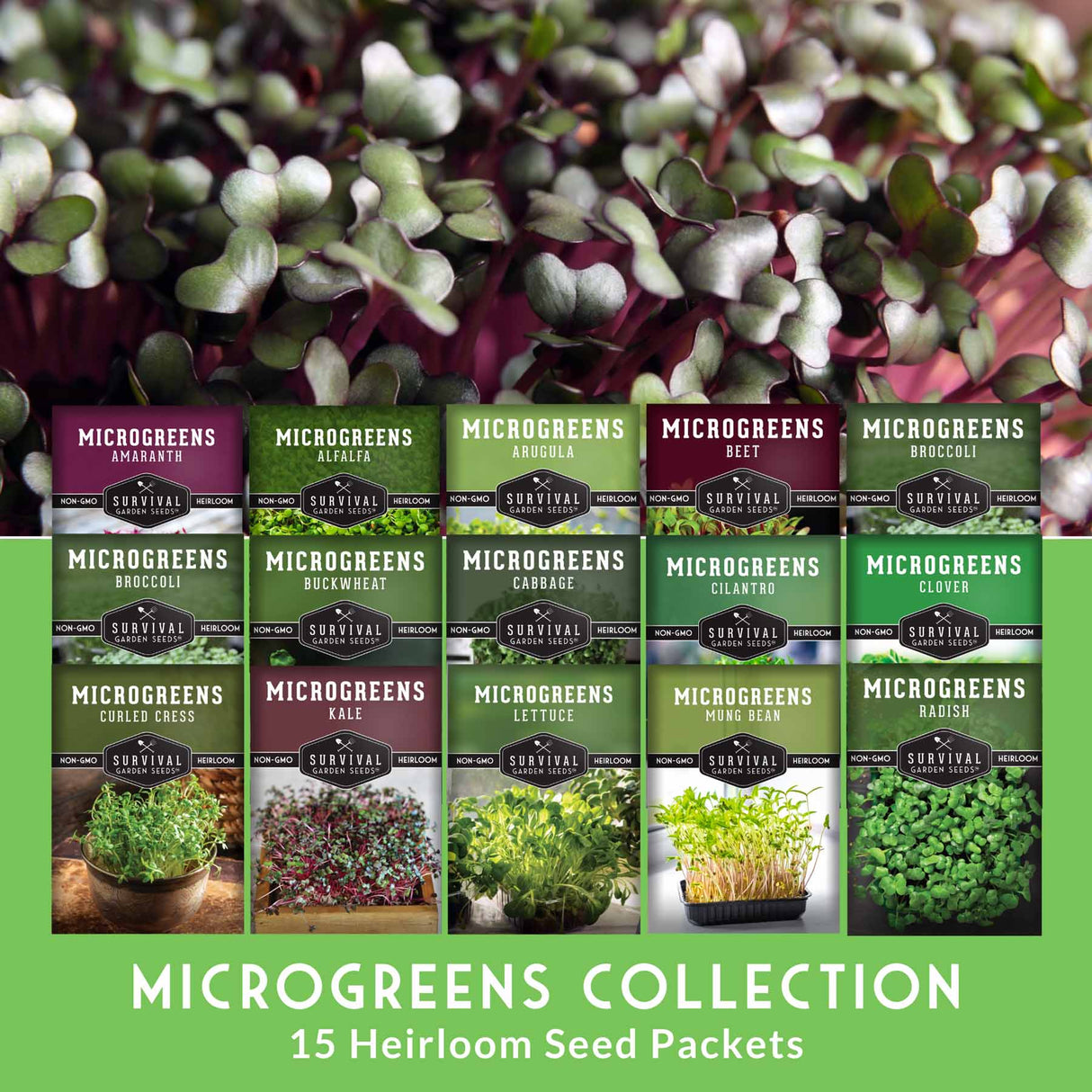 Collection of microgreens seed packets with a green background