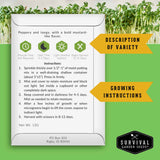 Survival Garden Seeds packaging with growing instructions and microgreens on a green background