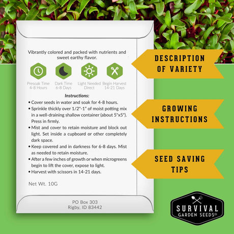 A product information card for Survival Garden Seeds showing planting instructions, growing tips, and variety description, overlaid on a green leaf background with yellow callout arrows.