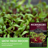 Microgreens beet seed packet by Survival Garden Seeds shown next to a close-up photo of growing green and red microgreens, with text reading 'GROW FRESH Indoors' and 'Perfect for hydroponics and sunny windows.'.