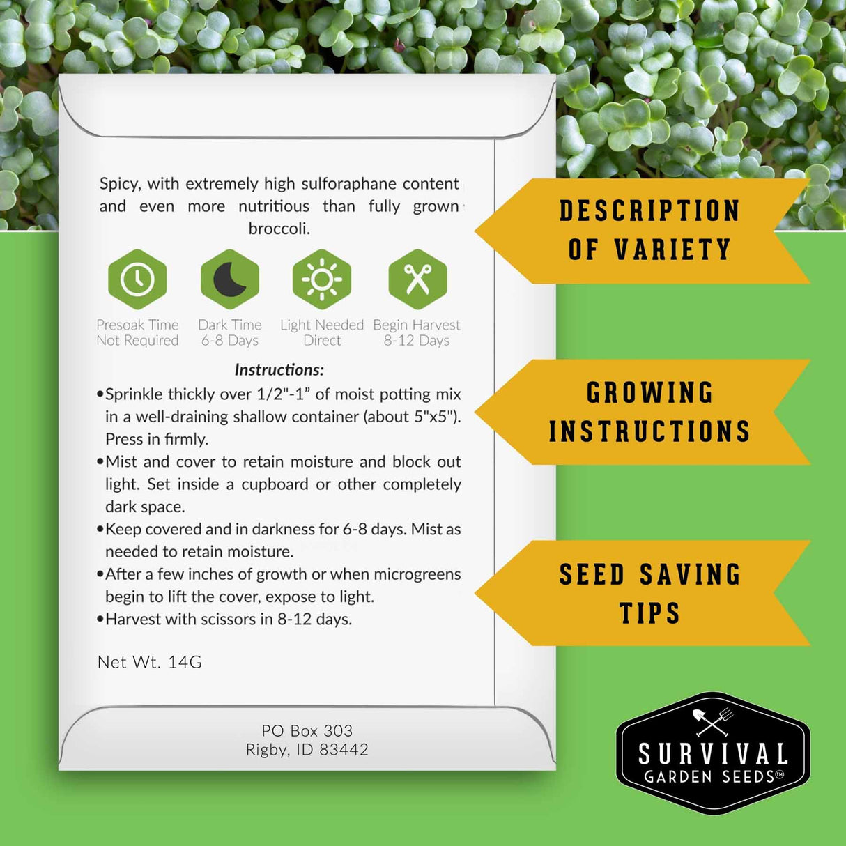 A seed-saving information card for 'Spicy' broccoli seeds from Survival Garden Seeds, displayed on a green leafy background with yellow callout arrows pointing to 'Description of Variety', 'Growing Instructions', and 'Seed Saving Tips'.
