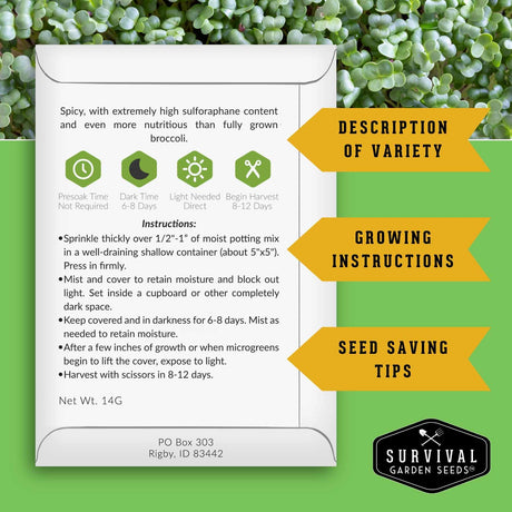 A seed-saving information card for 'Spicy' broccoli seeds from Survival Garden Seeds, displayed on a green leafy background with yellow callout arrows pointing to 'Description of Variety', 'Growing Instructions', and 'Seed Saving Tips'.