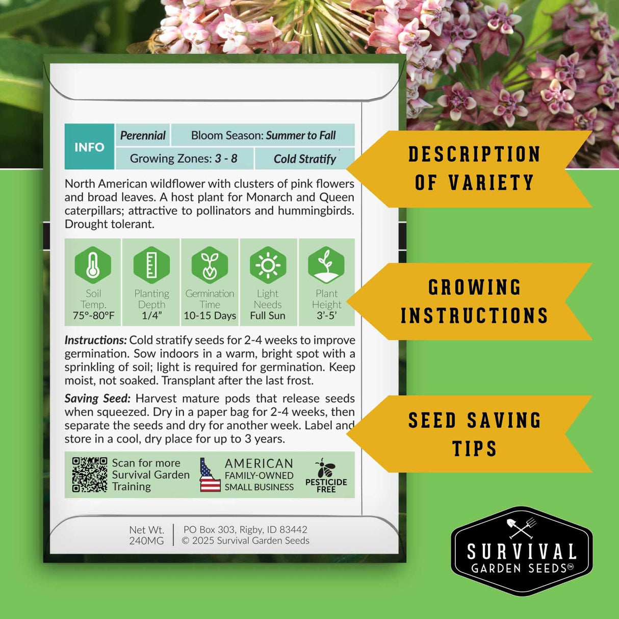 A printed seed-saving guide card from Survival Garden Seeds with growing instructions, variety description, and seed-saving tips, shown over a photo of pink flowers with green leaves. The card includes icons for soil temp, planting depth, germination time, light needs, and plant height.
