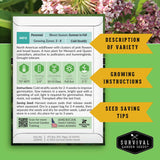 A printed seed-saving guide card from Survival Garden Seeds with growing instructions, variety description, and seed-saving tips, shown over a photo of pink flowers with green leaves. The card includes icons for soil temp, planting depth, germination time, light needs, and plant height.