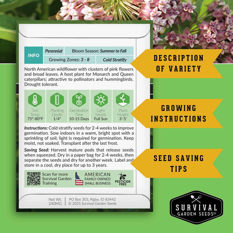 A printed seed-saving guide card from Survival Garden Seeds with growing instructions, variety description, and seed-saving tips, shown over a photo of pink flowers with green leaves. The card includes icons for soil temp, planting depth, germination time, light needs, and plant height.
