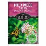 Survival Garden Seeds Milkweed Showy seed packet with butterfly on a flower