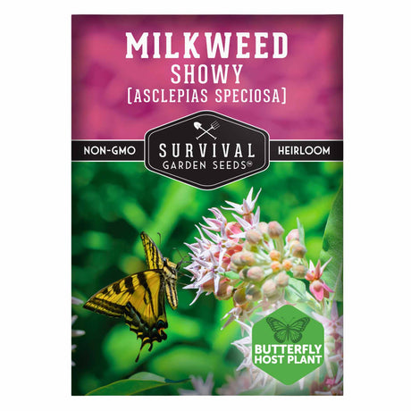 Survival Garden Seeds Milkweed Showy seed packet with butterfly on a flower