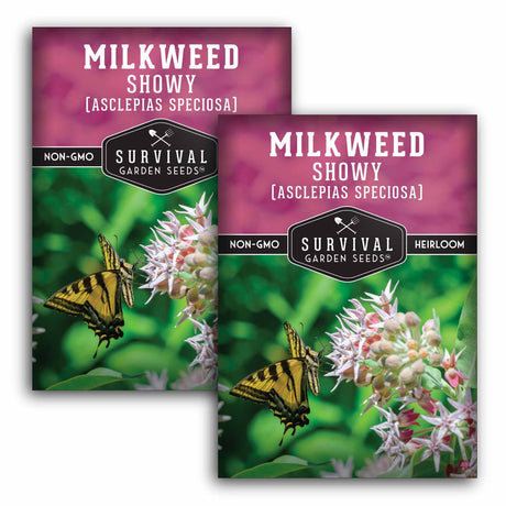 Two packages of Survival Garden Seeds Milkweed Showy with butterfly illustration on a white background