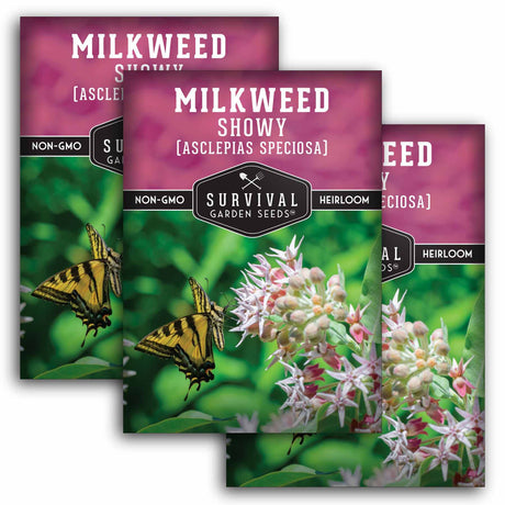 Three packages of Survival Garden Seeds Milkweed Showy with butterfly and plant images on a white background.