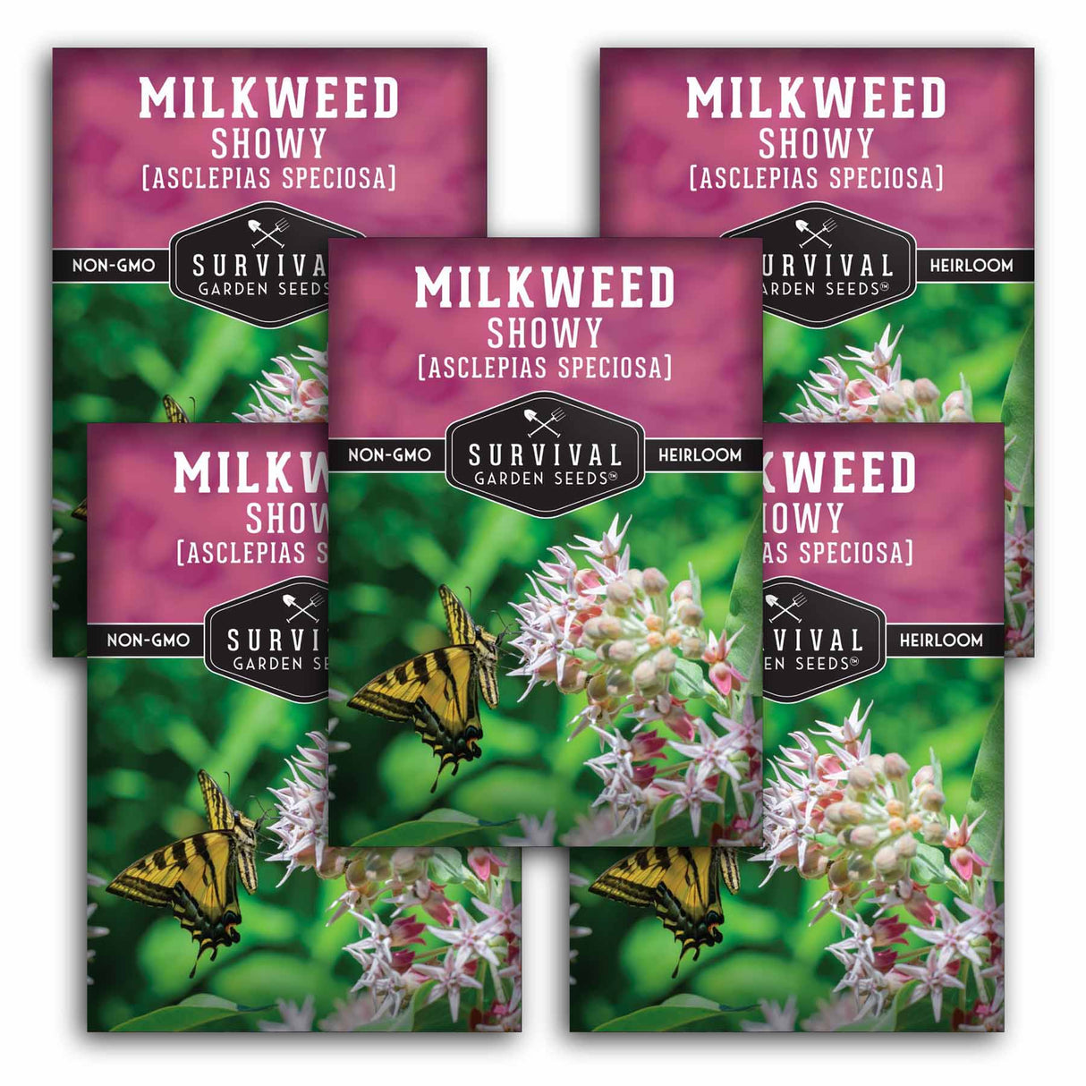 Multiple packages of Survival Garden Seeds Milkweed Showy on a white background