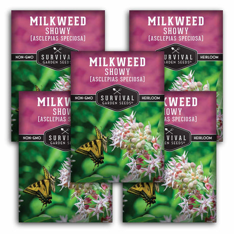 Multiple packages of Survival Garden Seeds Milkweed Showy on a white background