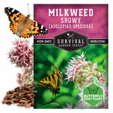 Survival Garden Seeds milkweed seed packet with butterflies and flowers