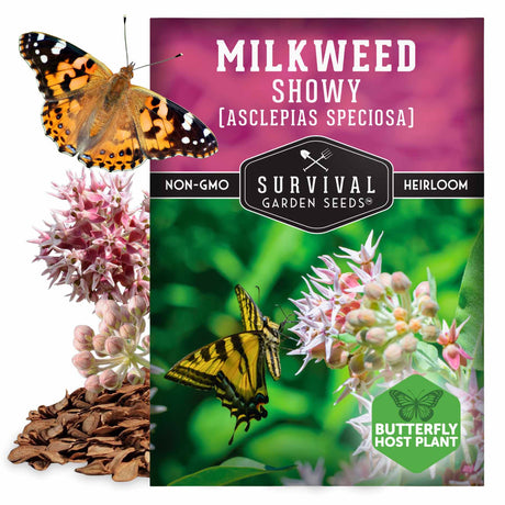 Survival Garden Seeds milkweed seed packet with butterflies and flowers
