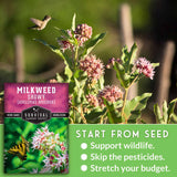 Survival Garden Seeds milkweed packet with a hummingbird and butterfly on a blurred natural background