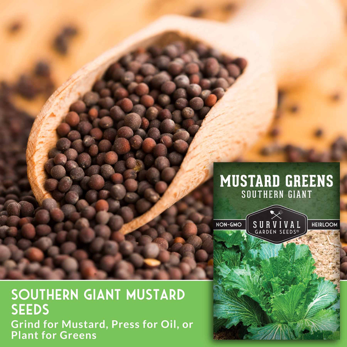 Mustard seeds in a bag with a label for 'Southern Giant Mustard Seeds' from Survival Garden Seeds.