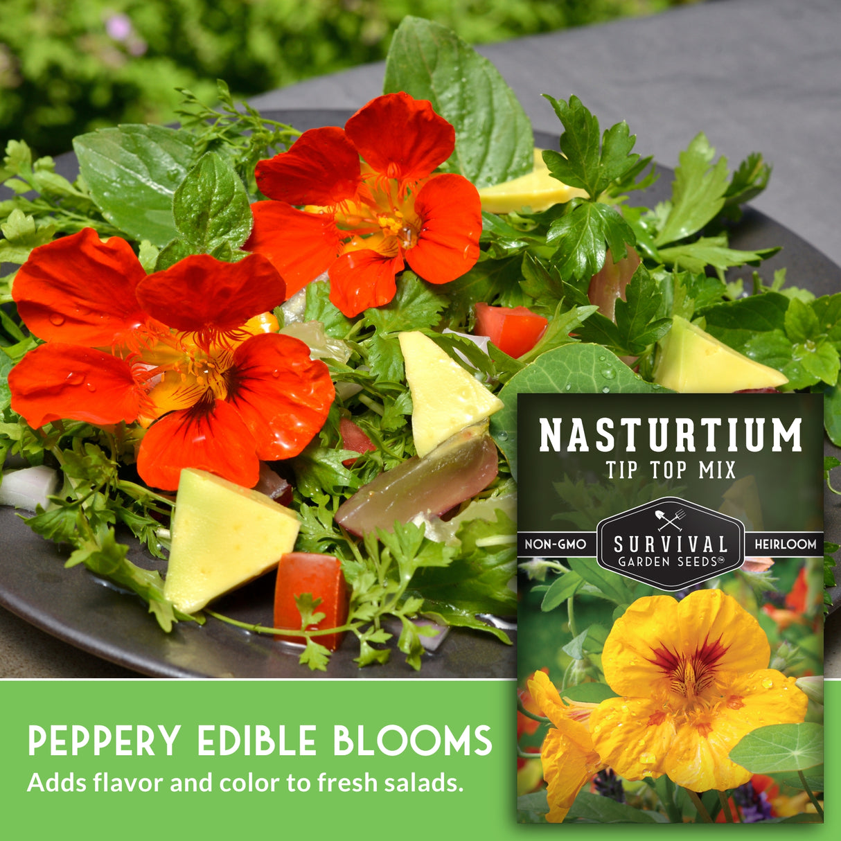 Salad with nasturtium flowers and a package of Survival Garden Seeds Nasturtium mix.