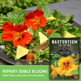 Salad with nasturtium flowers and a package of Survival Garden Seeds Nasturtium mix.