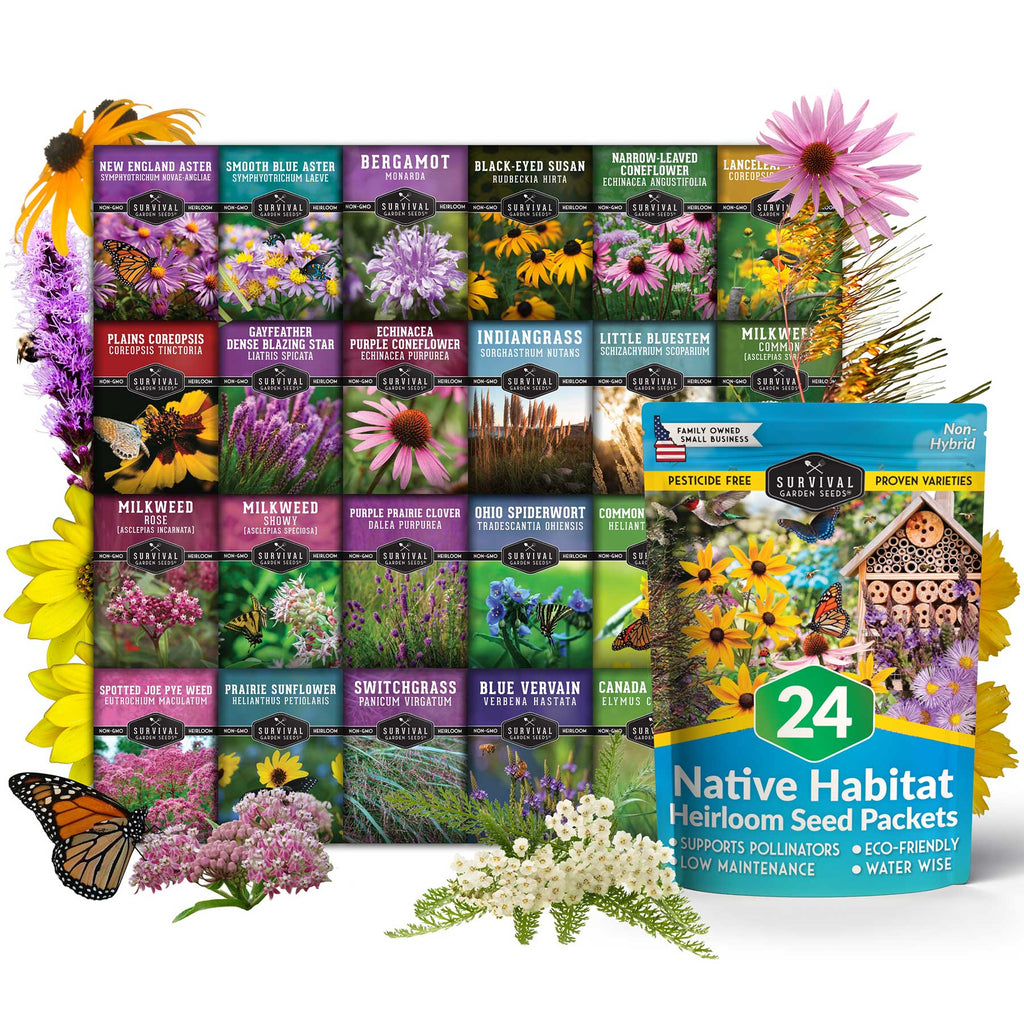 Collection of Native Habitat Heirloom Seed Packets with flowers and a butterfly on a white background