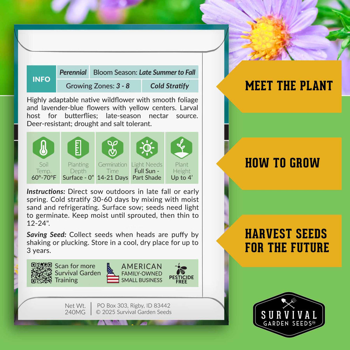 Survival Garden Seeds packaging with plant information and branding on a green background with flowers.