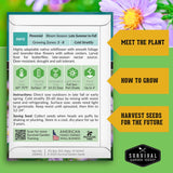 Survival Garden Seeds packaging with plant information and branding on a green background with flowers.