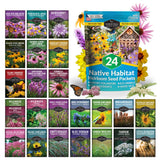 Collection of Native Habitat Heirloom Seed Packets with various flowers and butterflies on a white background