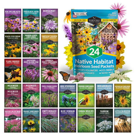 Collection of Native Habitat Heirloom Seed Packets with various flowers and butterflies on a white background