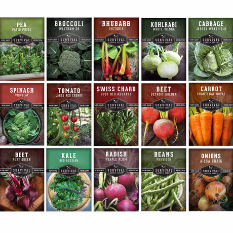 Grid of vegetable seed packets with images and names on a white background