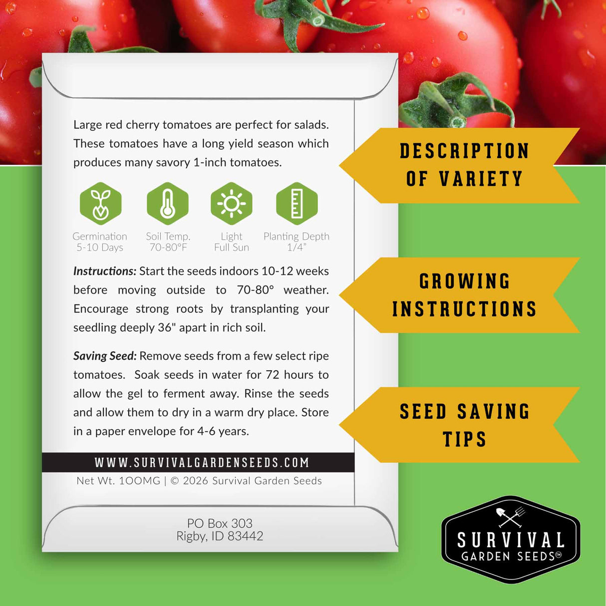 Seed packet for cherry tomatoes with growing instructions and seed saving tips on a green background with tomatoes.