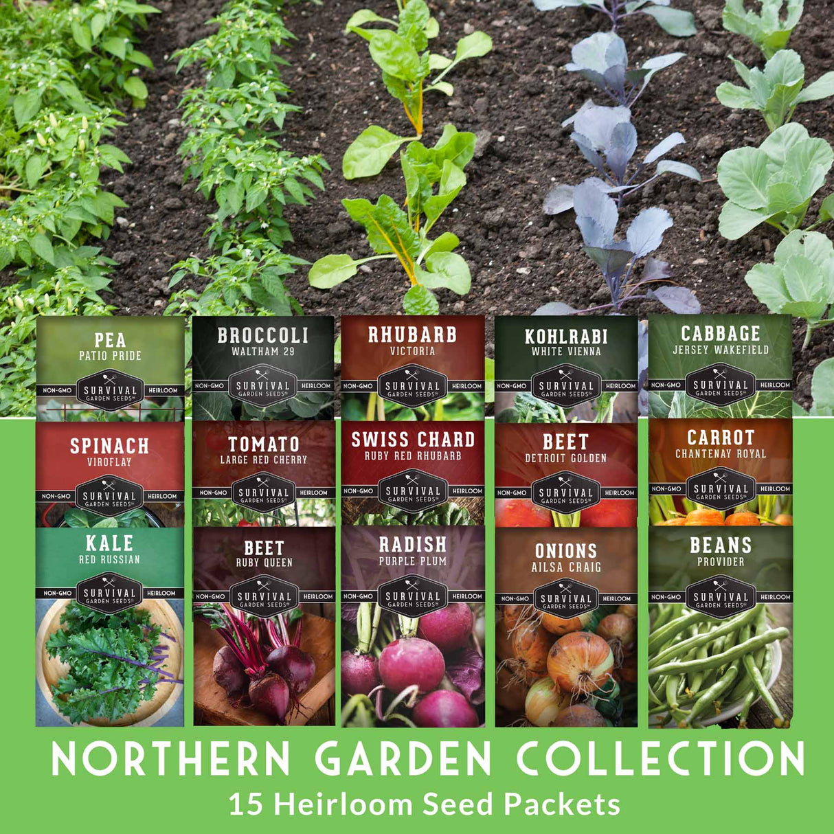 Collection of heirloom seed packets for various vegetables with a garden background.