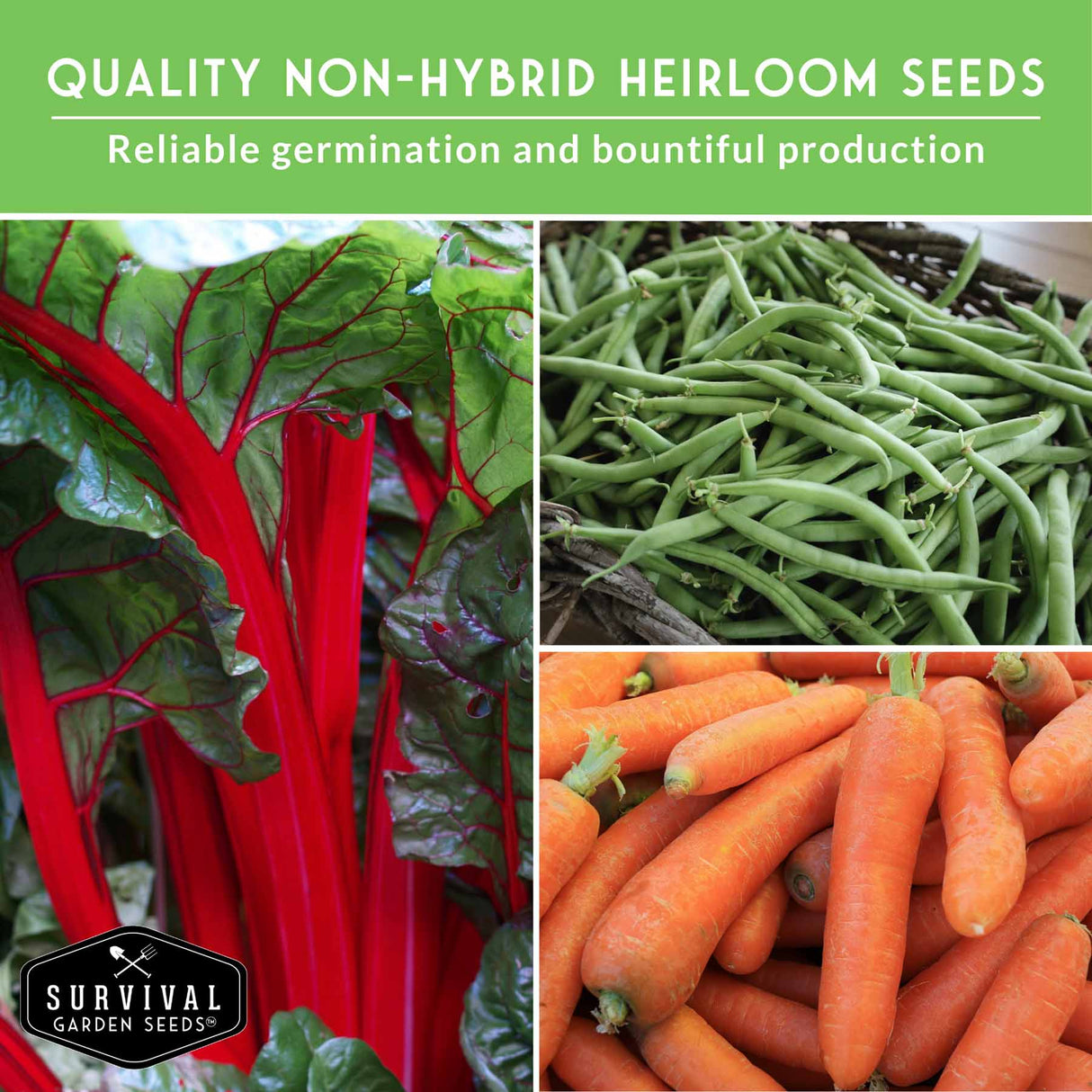 Collage of vegetables with text about non-hybrid heirloom seeds and Survival Garden Seeds brand.