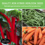 Collage of vegetables with text about non-hybrid heirloom seeds and Survival Garden Seeds brand.