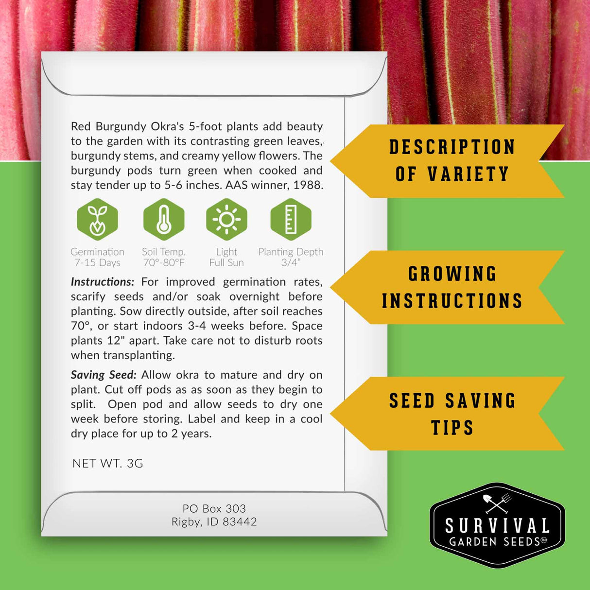 Survival Garden Seeds packaging with growing instruction text on a green background