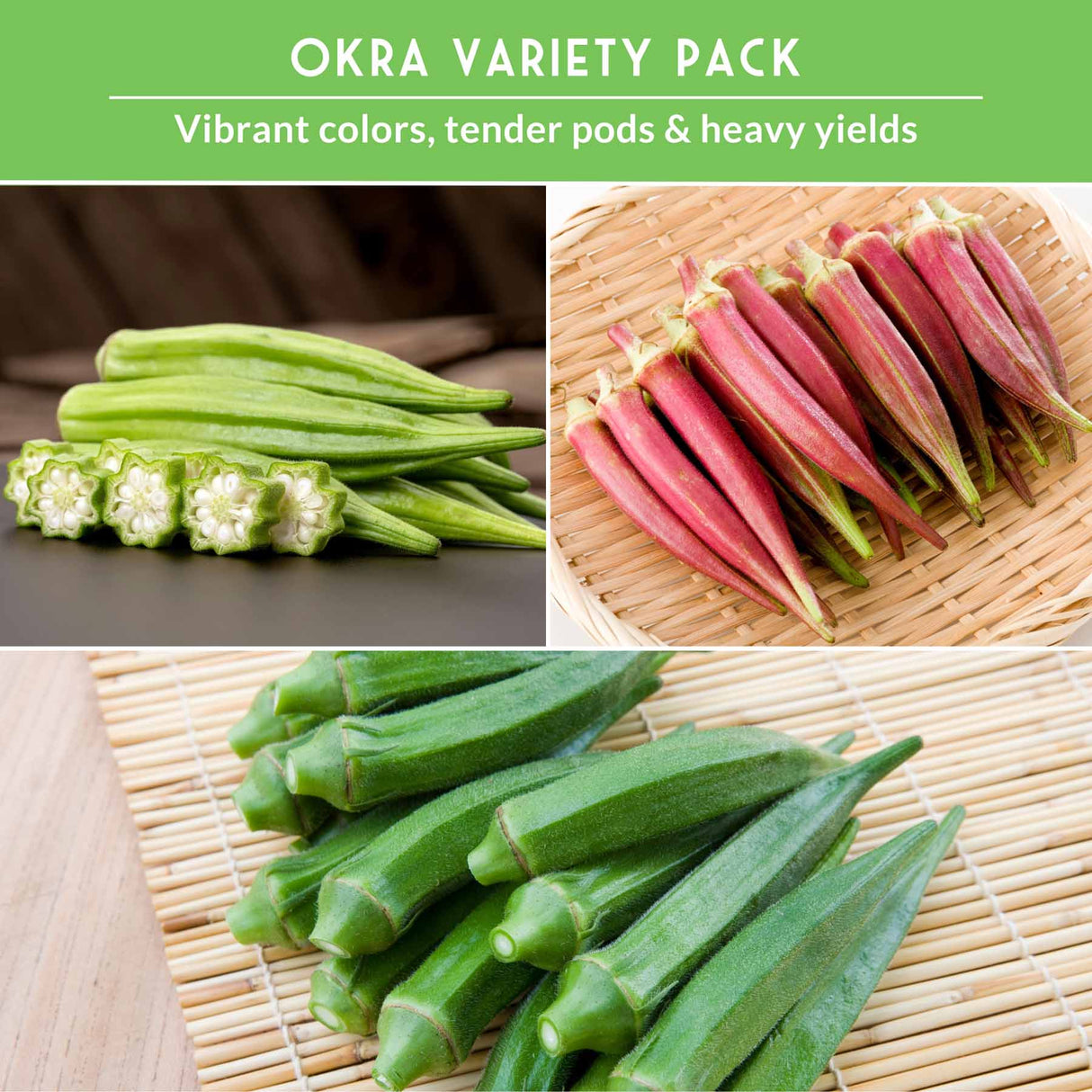 Collage of okra varieties with text on a green background