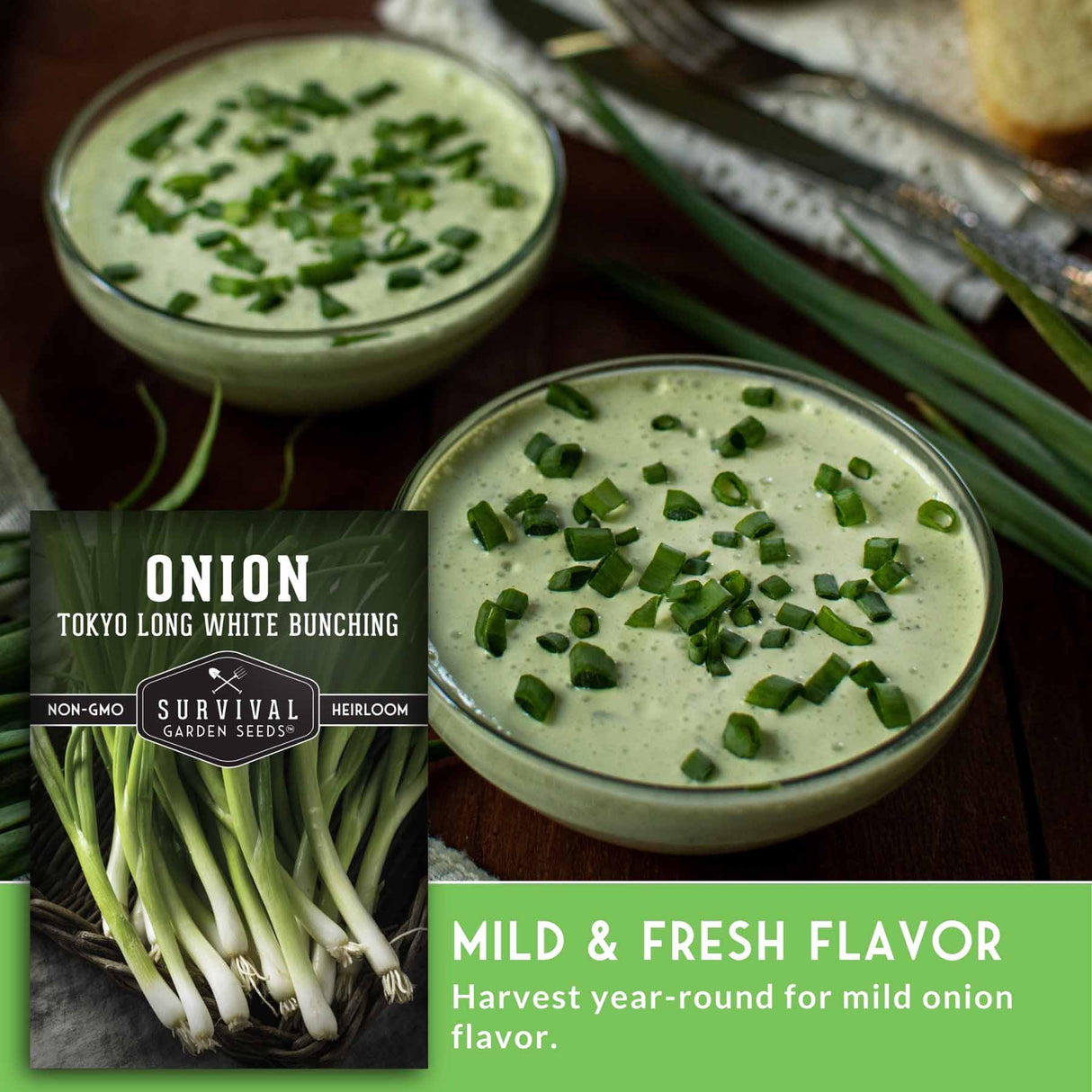 Two bowls of green onion dip with a label for 'Onion Tokyo Long White Bunching' on a wooden surface.