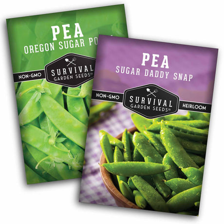 Two packages of Survival Garden Seeds pea varieties on a white background