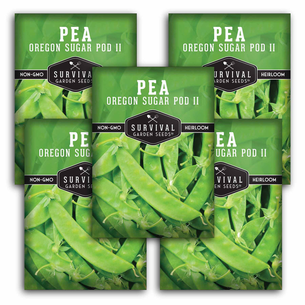 Five packages of Survival Garden Seeds Pea Oregon Sugar Pod II on a white background