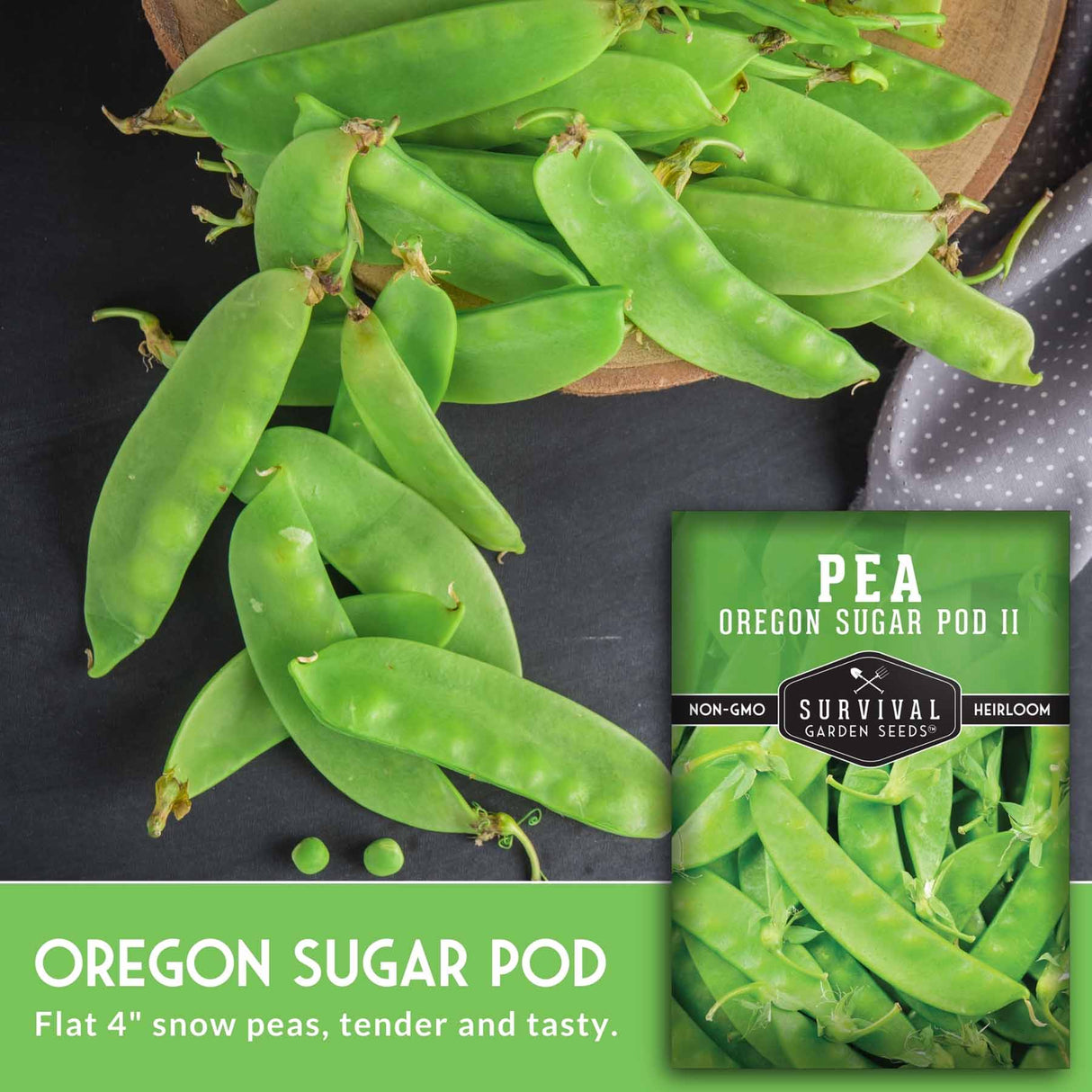 Green peas on a dark surface with a package of 'Oregon Sugar Pod' pea seeds.