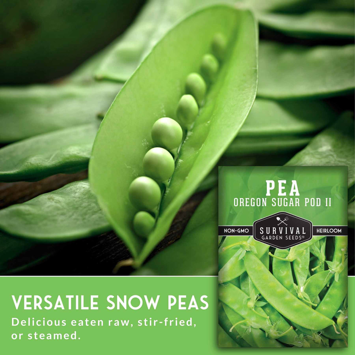 Green peas in pods with a seed packet labeled 'Oregon Sugar Pod II' on a green background.