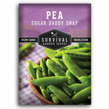 Survival Garden Seeds pea seed packet with green peas and purple background