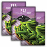 Three packages of Survival Garden Seeds Pea Sugar Daddy Snap on a white background