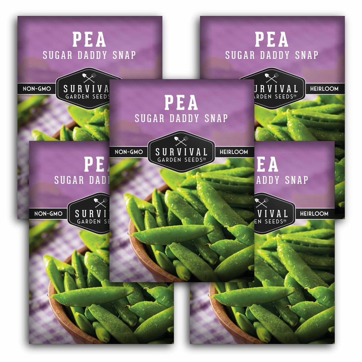 Five packages of Survival Garden Seeds Pea Sugar Daddy Snap on a white background