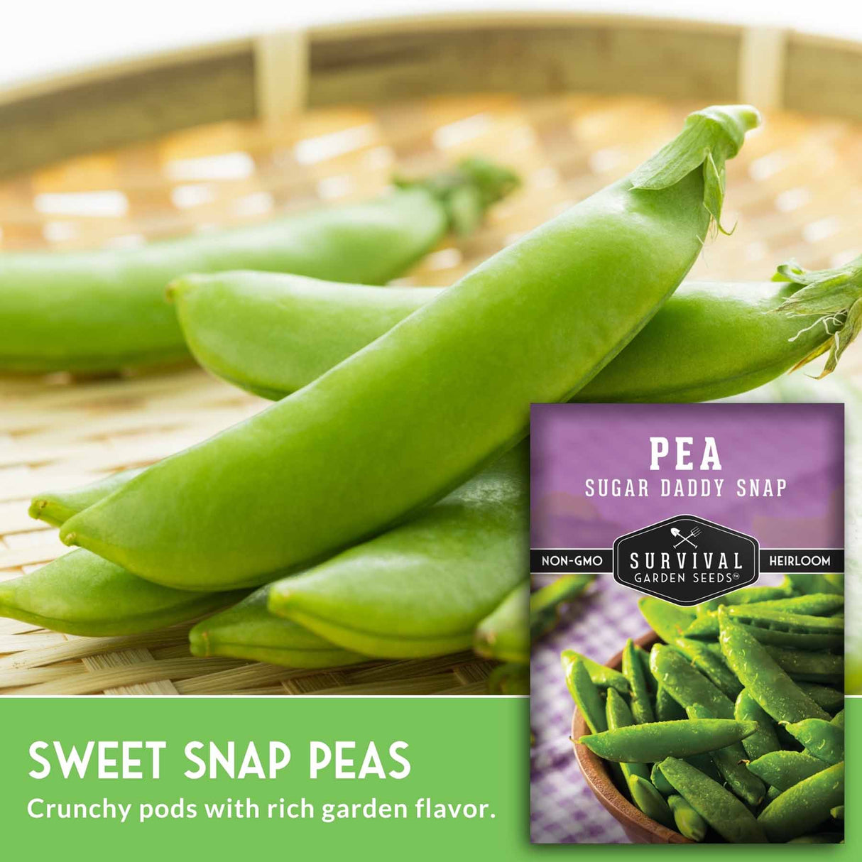 Green sweet snap peas on a woven mat with Survival Garden Seeds packaging.
