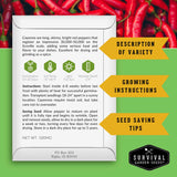 Survival Garden Seeds cayenne pepper seed packet with text and red peppers in the background