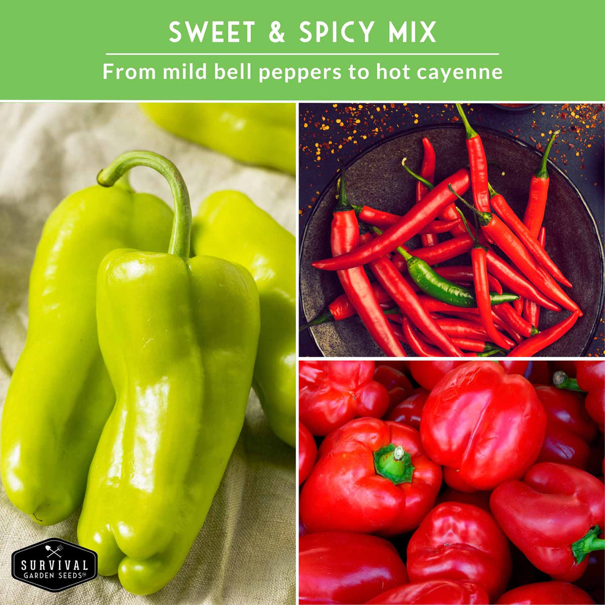 Collage of green, red, and hot chili peppers with text 'Sweet & Spicy Mix' on a green background.