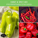 Collage of green, red, and hot chili peppers with text 'Sweet & Spicy Mix' on a green background.
